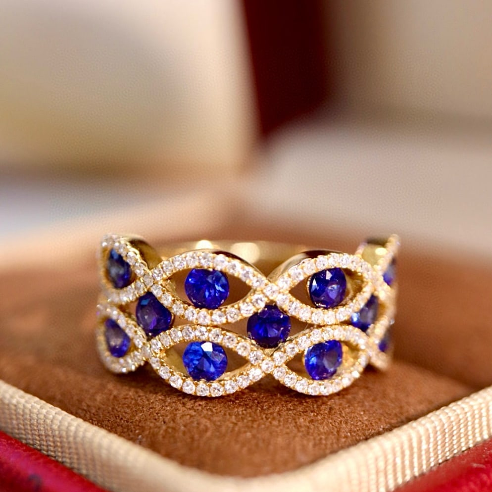 14k Gold 1.61 Ctw Natural Sapphire & Diamond Ring: Ref:230977209 // gold content:14k gold // ring size:7. 25us // // main gemstone:sapphire // shape:round // carat weight:1. 3ct // color:blue // treatment:natural // cut grade:g // // adjacent