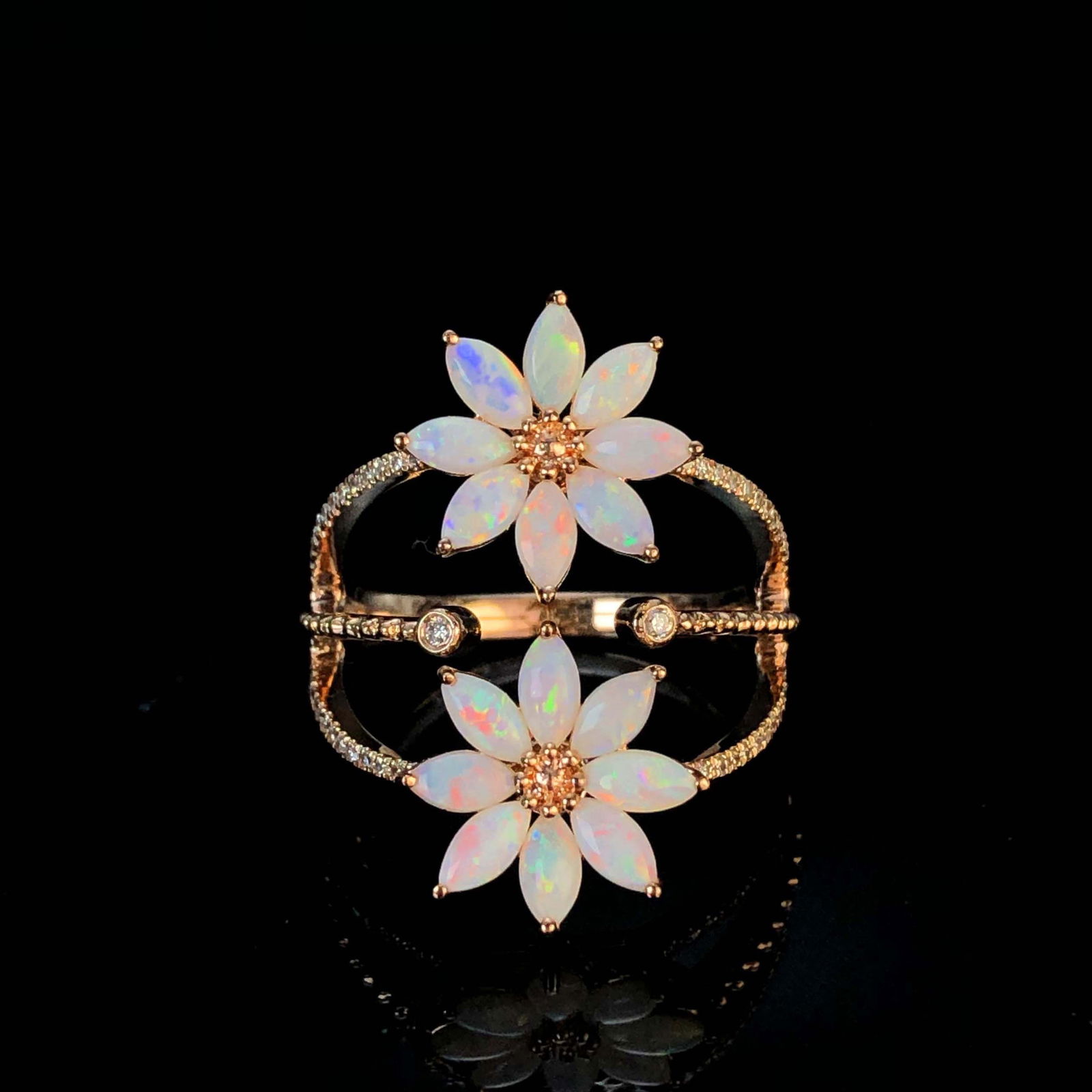 14k Gold 1.03 Ctw Natural Opal & Diamond Ring: Ref:230977220 // gold content:14k gold // ring size:7. 25us // // main gemstone:opal // shape:marquise // carat weight:0. 83ct // color:white // treatment:natural // // adjacent gemstone 2 :