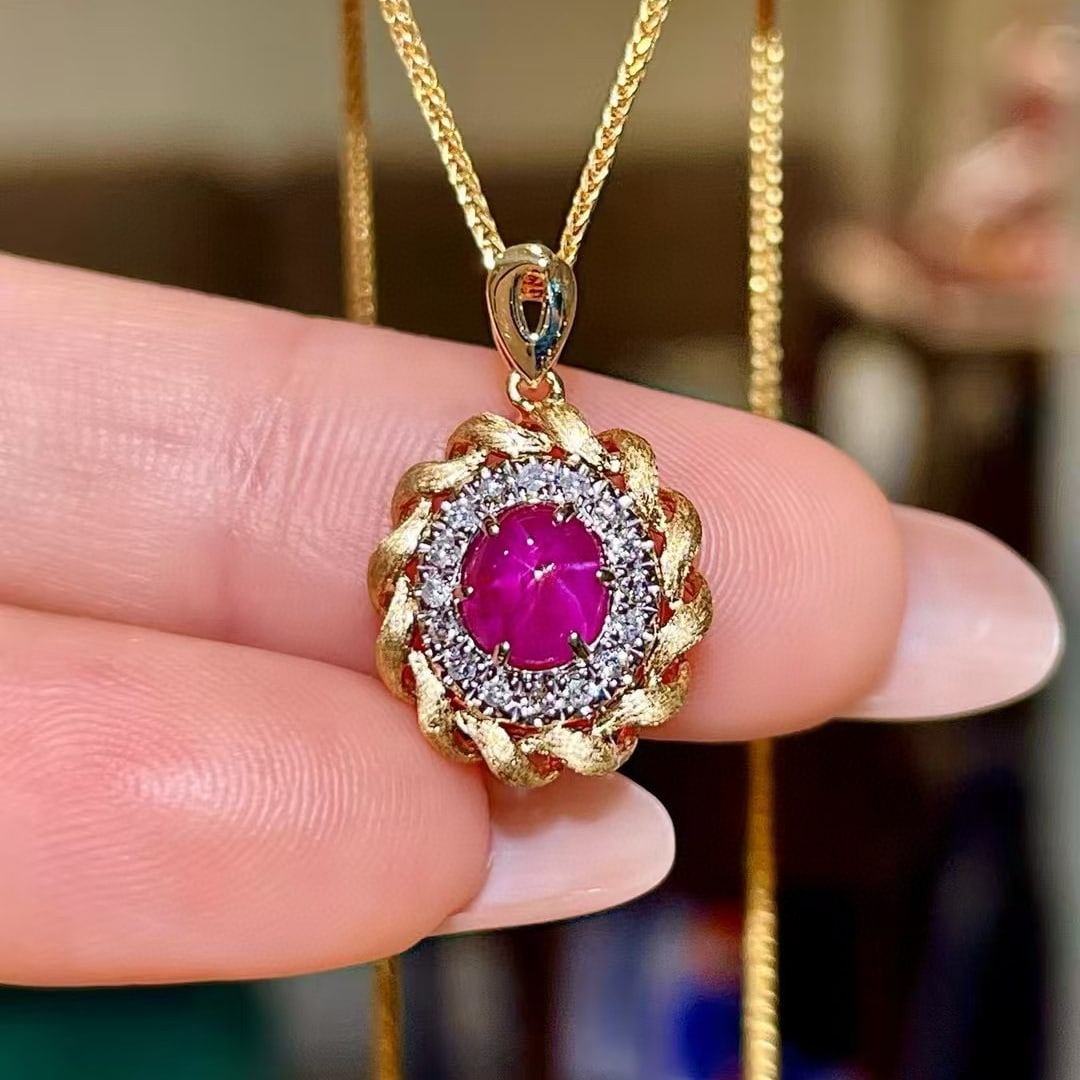 14k Gold 1.32 Ctw Natural Ruby & Diamond Pendant( Without Chain ): Ref:230977224 // gold content:14k gold // main gemstone:ruby // shape:suger-loaf // carat weight:1. 23ct // color:red // treatment:natural // // adjacent gemstone 2 : diamond // shape:round //