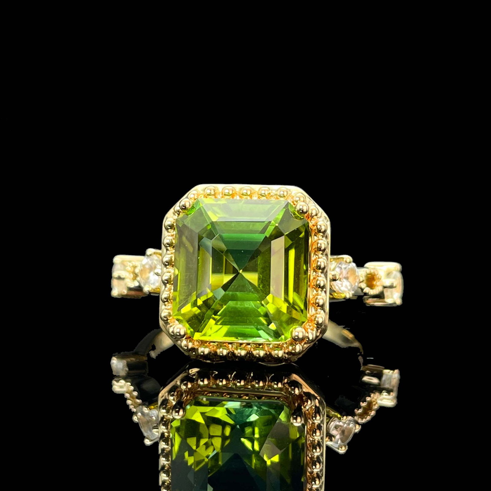 14k Gold 3.86 Ctw Natural Tourmaline & Sapphire Ring: Ref:230977226 // gold content:14k gold // ring size:7. 25us // // main gemstone:tourmaline // shape:asscher // carat weight:3. 63ct // color:green // treatment:natural // // adjacent gemstone 2 :