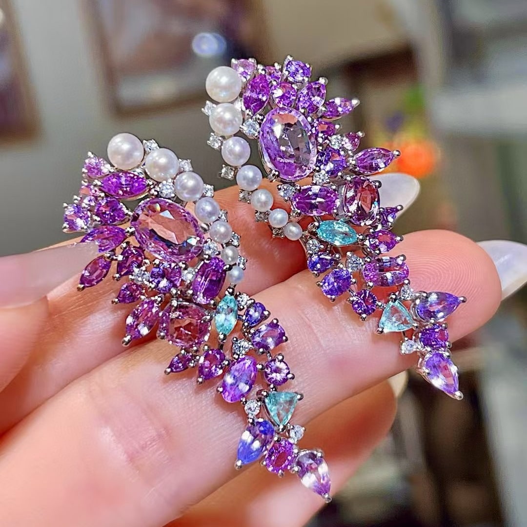 14k Gold 10.35 Ctw Natural Sapphire & Paraiba Tourmaline Earrings: Ref:230977236 // gold content:14k gold // main gemstone:sapphire // shape:multiply // carat weight:9. 86ct // color:purple & blue // treatment:natural // // adjacent gemstone 2 : paraiba tourmaline