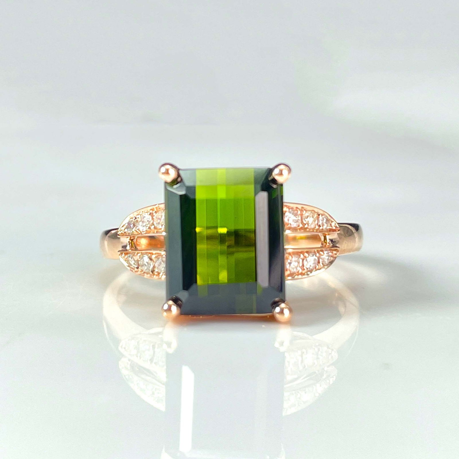 14k Gold 3.89 Ctw Natural Tourmaline & Diamond Ring: Ref:230977242 // gold content:14k gold // ring size:7. 25us // // main gemstone:tourmaline // shape:octagonal // carat weight:3. 8ct // color:green // treatment:natural // // adjacent gemstone 2 :