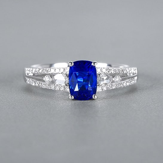 14k Gold 1.34 Ctw Natural Sapphire & Diamond Ring: Ref:230978008 // gold content:14k gold // ring size:7. 25us // // main gemstone:sapphire // shape:cushion // carat weight:1. 13ct // color:royal blue // treatment:natural // // adjacent gemstone 2