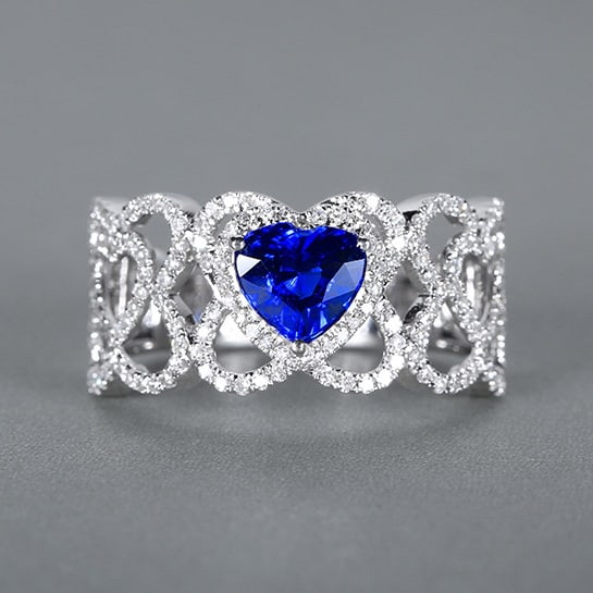 14k Gold 1.67 Ctw Natural Sapphire & Diamond Ring: Ref:230978011 // gold content:14k gold // ring size:7. 25us // // main gemstone:sapphire // shape:heart // carat weight:1. 16ct // color:royal blue // treatment:natural // // adjacent gemstone 2 :