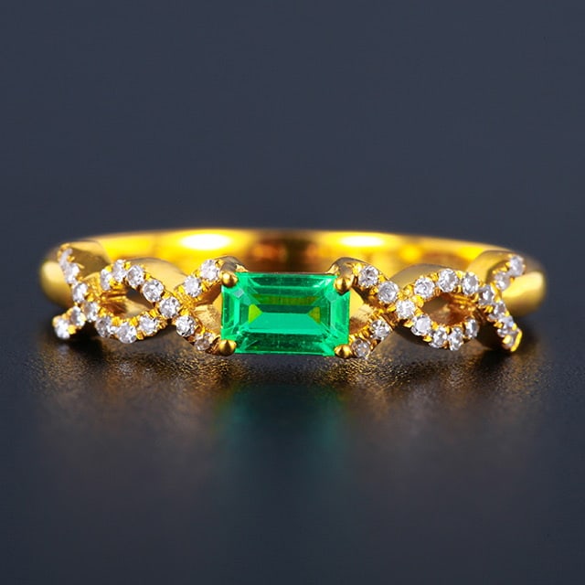 14k Gold 0.46 Ctw Vivid Green Natural Emerald & Diamond Ring: Ref:230978016 // gold content:14k gold // ring size:7. 25us // // main gemstone:emerald // shape:octagonal // carat weight:0. 35ct // color:vivid green // treatment:natural // // adjacent gemstone 2 :