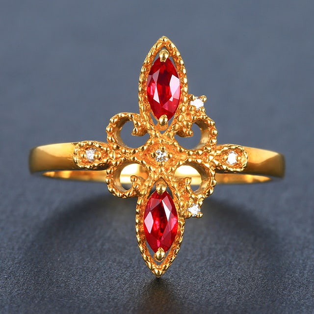 14k Gold 0.33 Ctw Vivid Red Natural Ruby & Diamond Ring: Ref:230978031 // gold content:14k gold // ring size:7. 25us // // main gemstone:ruby // shape:marquise // carat weight:0. 31ct // color:vivid red // treatment:natural // // adjacent gemstone 2 :