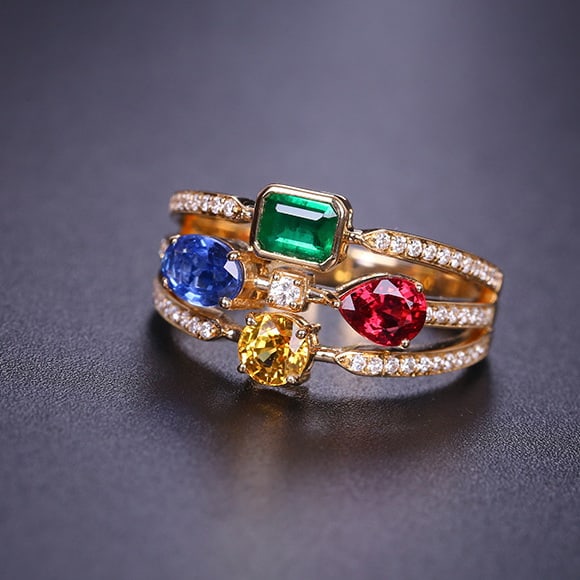 14k Gold 1.85 Ctw Natural Sapphire & Emerald & Spinel & Diamond Ring - 5
