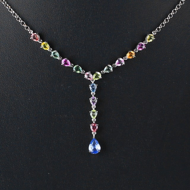 14k Gold 3.92 Ctw Natural Sapphire & Sapphire Necklace: Ref:230978069 // gold content:14k gold // main gemstone:sapphire // shape:pear // carat weight:0. 82ct // color:blue // treatment:natural // // adjacent gemstone 2 : sapphire // number of stones:42