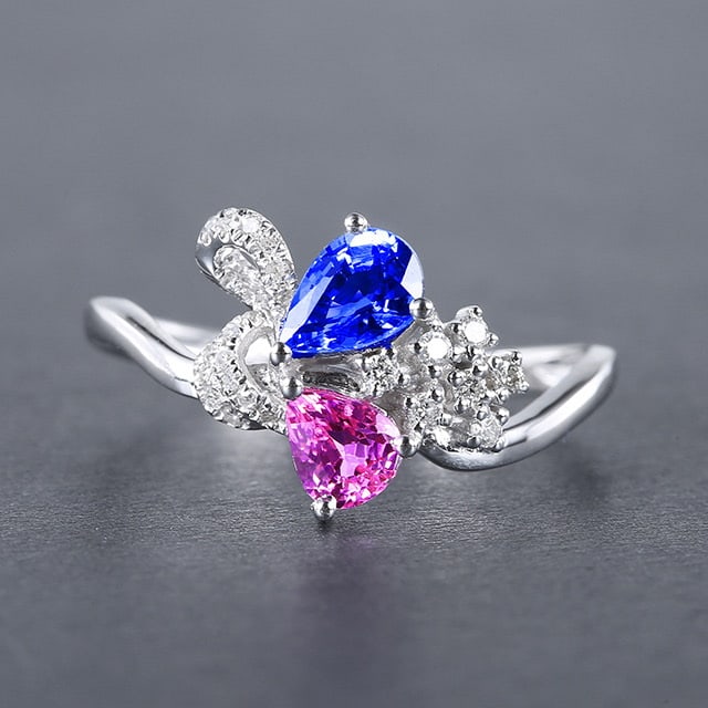 14k Gold 0.96 Ctw Natural Sapphire & Diamond Ring: Ref:230978077 // gold content:14k gold // ring size:7. 25us // // main gemstone:sapphire // shape:pear // carat weight:0. 84ct // color:color // treatment:natural // // adjacent gemstone 2 :