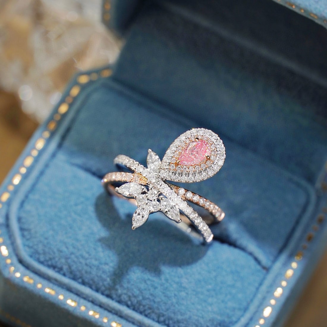 Gia Certified 14k Gold 1.17 Ctw Natural Pink Diamond & Diamond Ring: Ref:230978095 // gold content:14k gold // ring size:7. 25us // // main gemstone:pink diamond // certified:gia // shape:pear // carat weight:0. 32ct // clarity grade:vs2 // color:pink //