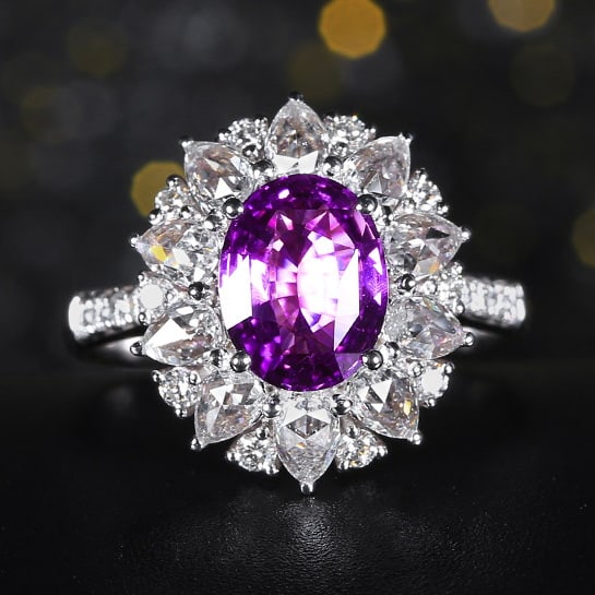 14k Gold 2.96 Ctw Natural Sapphire & Diamond Ring: Ref:230978117 // gold content:14k gold // ring size:7. 25us // // main gemstone:sapphire // shape:oval // carat weight:2. 05ct // color:purple // treatment:natural // // adjacent gemstone 2 :