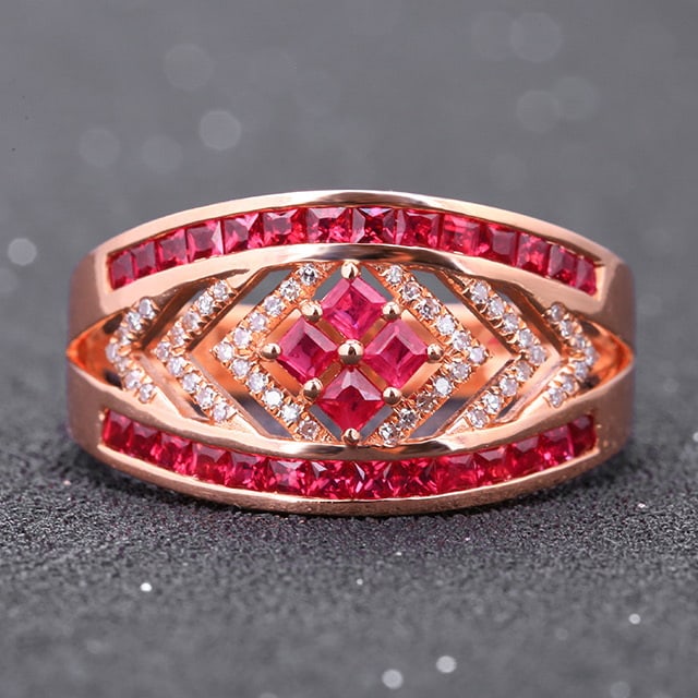 14k Gold 1.12 Ctw Natural Ruby & Diamond Ring: Ref:230978154 // gold content:14k gold // ring size:7. 25us // // main gemstone:ruby // shape:square // carat weight:0. 96ct // color:red // treatment:natural // // adjacent gemstone 2 : diamond // nu