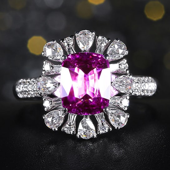 14k Gold 2.60 Ctw Natural Sapphire & Diamond Ring: Ref:230978161 // gold content:14k gold // ring size:7. 25us // // main gemstone:sapphire // shape:cushion // carat weight:2. 06ct // color:purple // treatment:natural // // adjacent gemstone 2 :