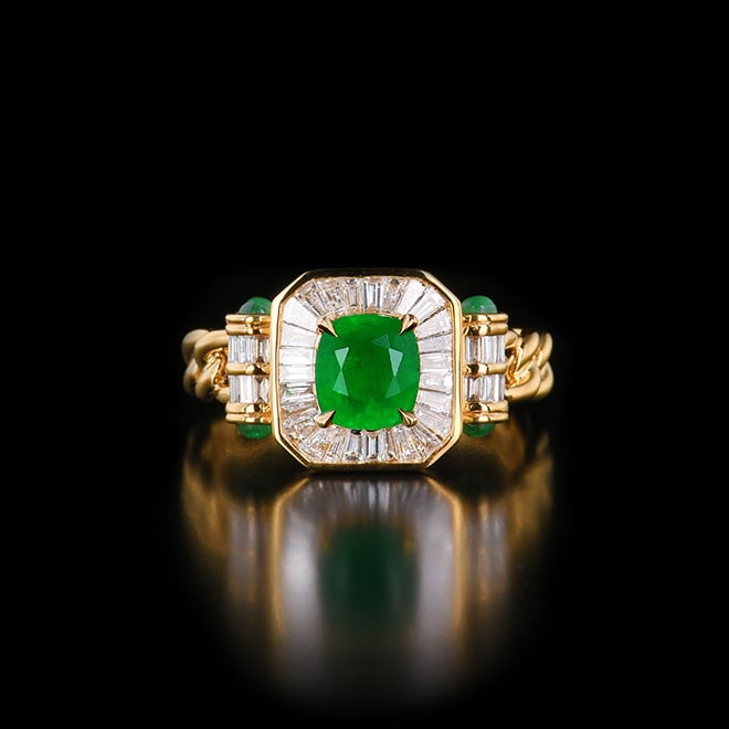 14k Gold 1.61 Ctw Vivid Green Natural Emerald & Diamond Ring: Ref:230978184 // gold content:14k gold // ring size:7. 25us // // main gemstone:emerald // shape:cushion // carat weight:1ct // color:vivid green // treatment:natural // // adjacent gemstone 2 : diamo