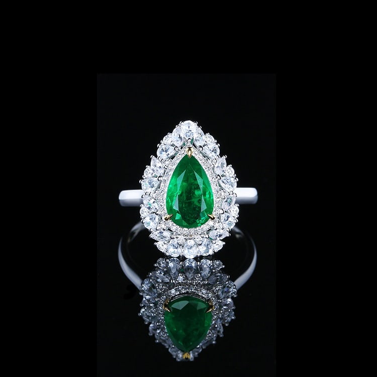 14k Gold 1.85 Ctw Vivid Green Natural Emerald & Diamond Ring: Ref:230978220 // gold content:14k gold // ring size:7. 25us // // main gemstone:emerald // shape:pear // carat weight:1. 59ct // color:vivid green // treatment:natural // // adjacent gemstone 2 :