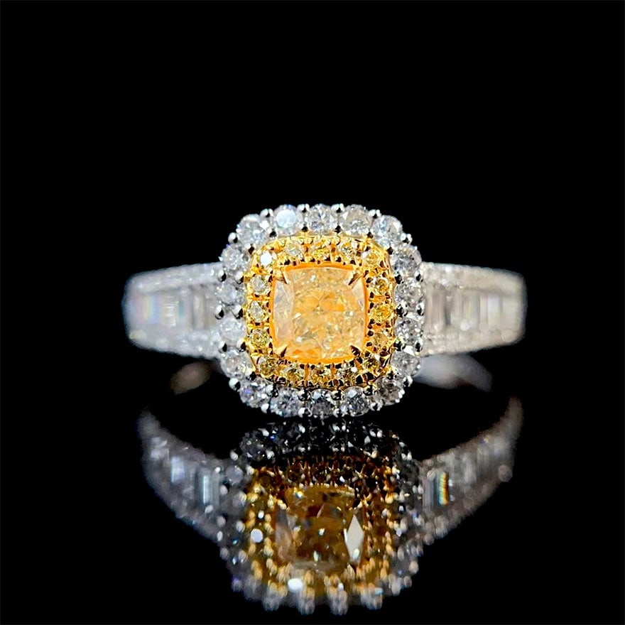 14k Gold 1.20 Ctw Natural Yellow Diamond & Diamond Ring: Ref:230978296 // gold content:14k gold // ring size:7. 25us // // main gemstone:yellow diamond // shape:cushion // carat weight:0. 50ct // color:yellow // treatment:natural // // adjacent gemstone