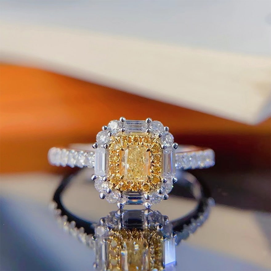 14k Gold 0.65 Ctw Natural Yellow Diamond & Diamond Ring: Ref:230978327 // gold content:14k gold // ring size:7. 25us // // main gemstone:yellow diamond // shape:cushion // carat weight:0. 18ct // color:yellow // treatment:natural // // adjacent gemstone