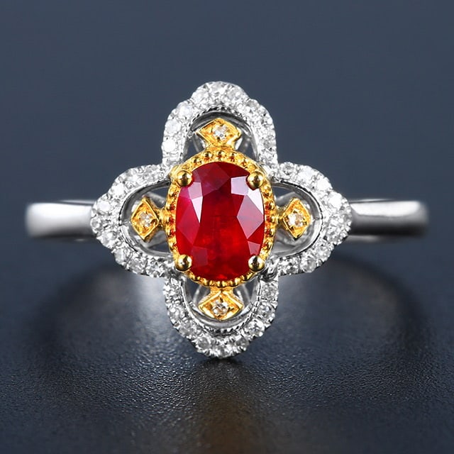 14k Gold 0.75 Ctw Natural Ruby & Diamond Ring: Ref:230978328 // gold content:14k gold // ring size:7. 25us // // main gemstone:ruby // shape:oval // carat weight:0. 63ct // color:pigeonblood red // treatment:natural // // adjacent gemstone 2 :