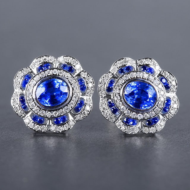 14k Gold 1.44 Ctw Natural Sapphire & Diamond Earrings: Ref:230978332 // gold content:14k gold // main gemstone:sapphire // shape:oval // carat weight:1. 12ct // color:blue // treatment:natural // // adjacent gemstone 2 : diamond // number of stones:108