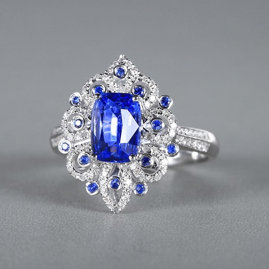 14k Gold 2.44 Ctw Natural Sapphire & Diamond Ring: Ref:230978337 // gold content:14k gold // ring size:7. 25us // // main gemstone:sapphire // shape:cushion // carat weight:2. 15ct // color:cornflower blue // treatment:natural // // adjacent