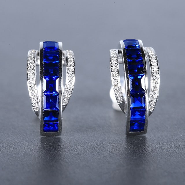 14k Gold 2.85 Ctw Natural Sapphire & Diamond Earrings: Ref:230978339 // gold content:14k gold // main gemstone:sapphire // shape:square // carat weight:2. 62ct // color:royal blue // treatment:natural // // adjacent gemstone 2 : diamond // number of