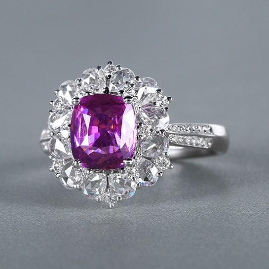 14k Gold 2.90 Ctw Natural Sapphire & Diamond Ring: Ref:230978348 // gold content:14k gold // ring size:7. 25us // // main gemstone:sapphire // shape:cushion // carat weight:2. 13ct // color:purple // treatment:natural // // adjacent gemstone 2 :