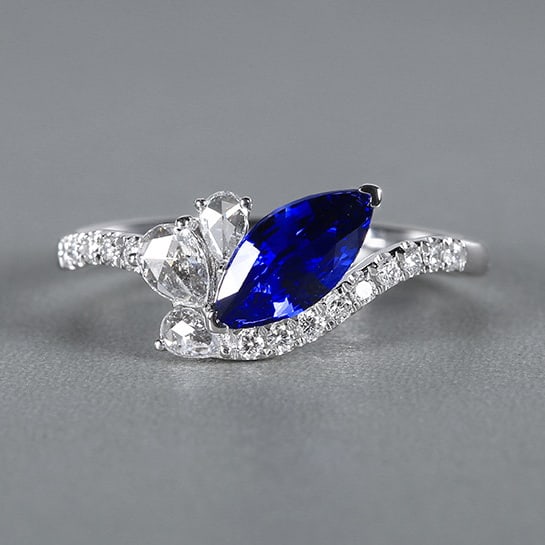 14k Gold 1.29 Ctw Natural Sapphire & Diamond Ring: Ref:230978366 // gold content:14k gold // ring size:7. 25us // // main gemstone:sapphire // shape:marquise // carat weight:1. 01ct // color:royal blue // treatment:natural // // adjacent gemstone