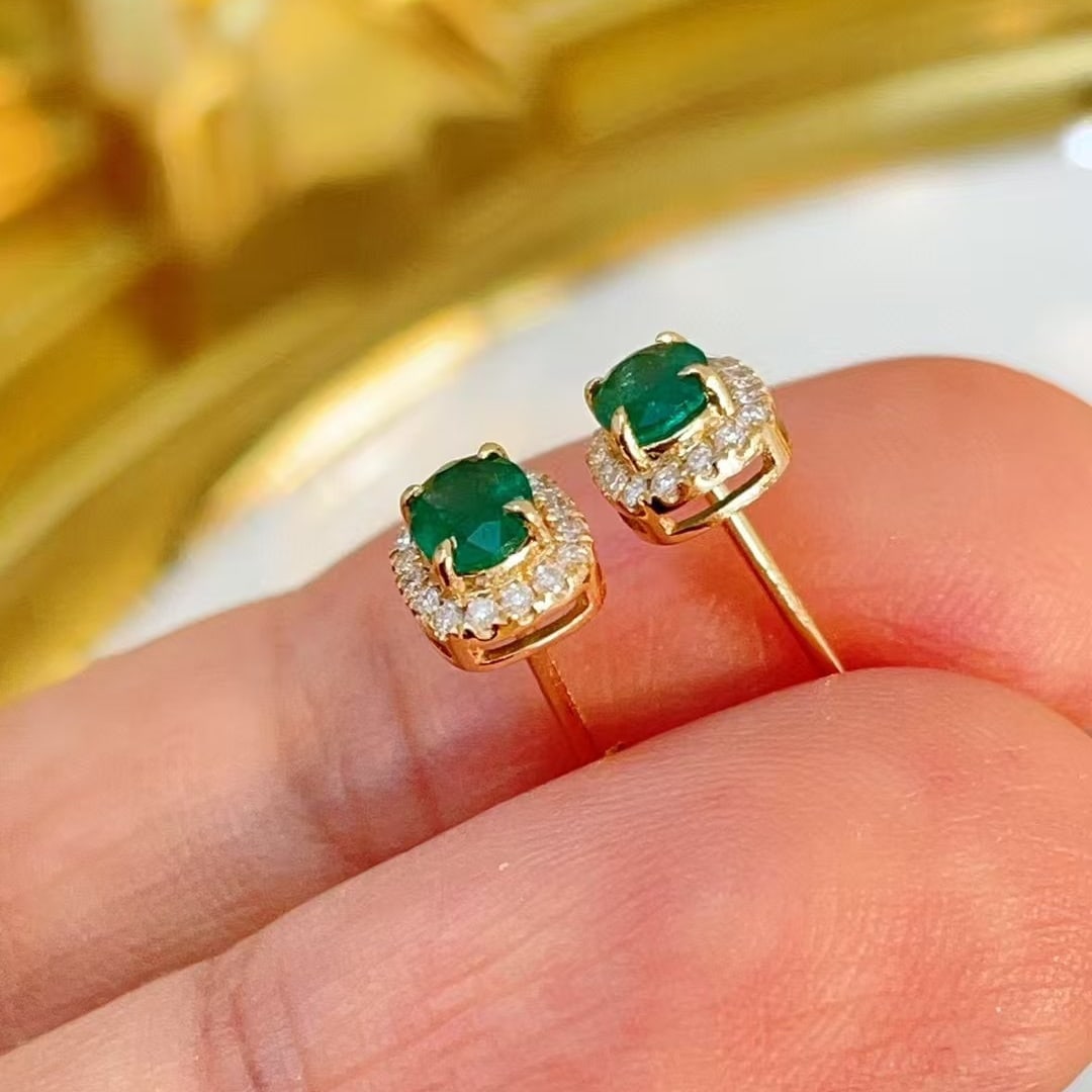 14k Gold 0.42 Ctw Natural Emerald & Diamond Earrings - 2