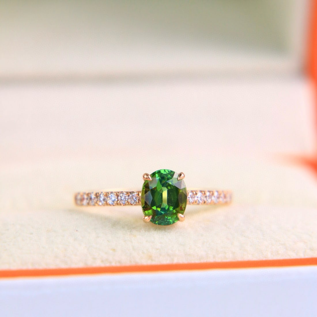 14k Gold 1.17 Ctw Natural Tourmaline & Diamond Ring: Ref:230978401 // gold content:14k gold // ring size:7. 25us // // main gemstone:tourmaline // shape:oval // carat weight:1ct // color:green // treatment:natural // // adjacent gemstone 2 : diamond