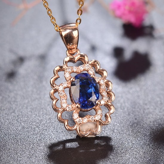 14k Gold 1.10 Ct Natural Sapphire & Diamond Pendant( Without Chain ) - 2