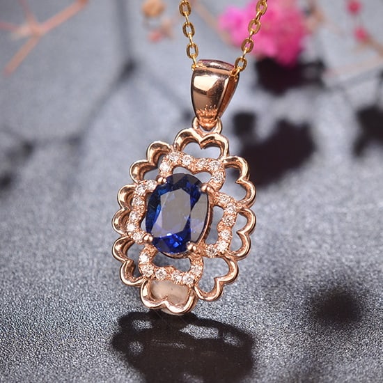 14k Gold 1.10 Ct Natural Sapphire & Diamond Pendant( Without Chain ) - 3