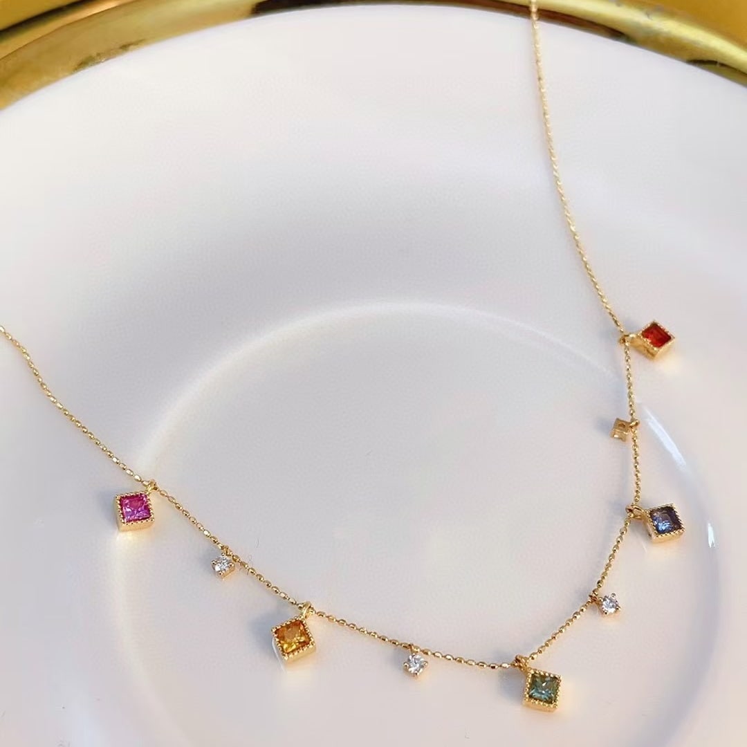 14k Gold 0.83 Ctw Natural Sapphire & Diamond Necklace: Ref:230978415 // gold content:14k gold // main gemstone:sapphire // shape:princess // carat weight:0. 75ct // color:color // treatment:natural // // adjacent gemstone 2 : diamond // shape:round //