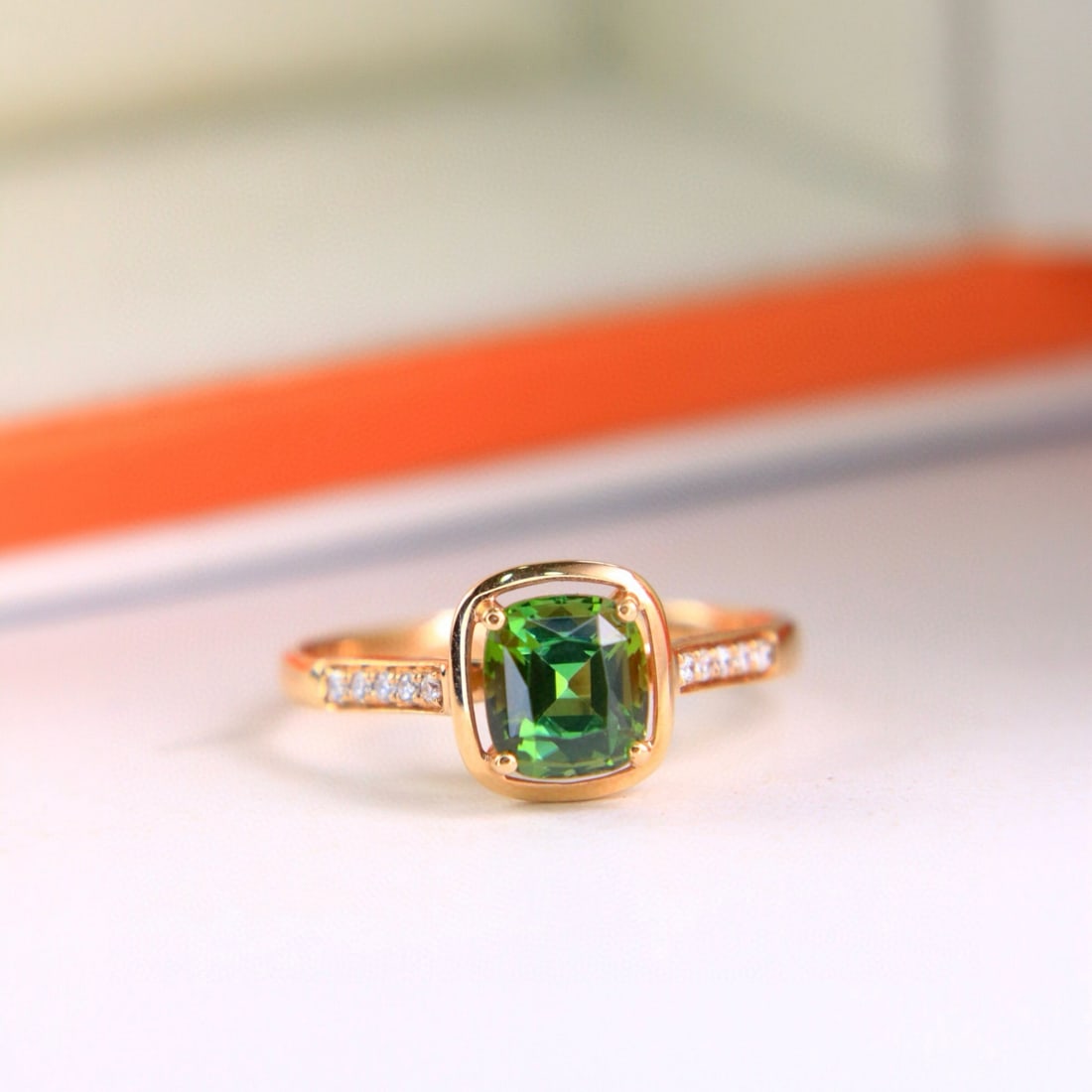 14k Gold 1.18 Ctw Natural Tourmaline & Diamond Ring: Ref:230978417 // gold content:14k gold // ring size:7. 25us // // main gemstone:tourmaline // shape:cushion // carat weight:1. 13ct // color:green // treatment:natural // // adjacent gemstone 2 :