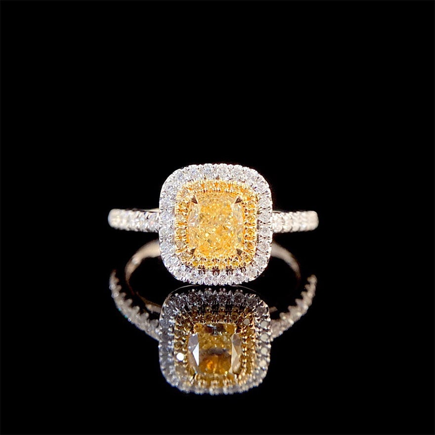 14k Gold 1.1 Ctw Natural Yellow Diamond & Diamond Ring: Ref:230978441 // gold content:14k gold // ring size:7. 25us // // main gemstone:yellow diamond // shape:cushion // carat weight:0. 7ct // color:yellow // treatment:natural // // adjacent gemstone