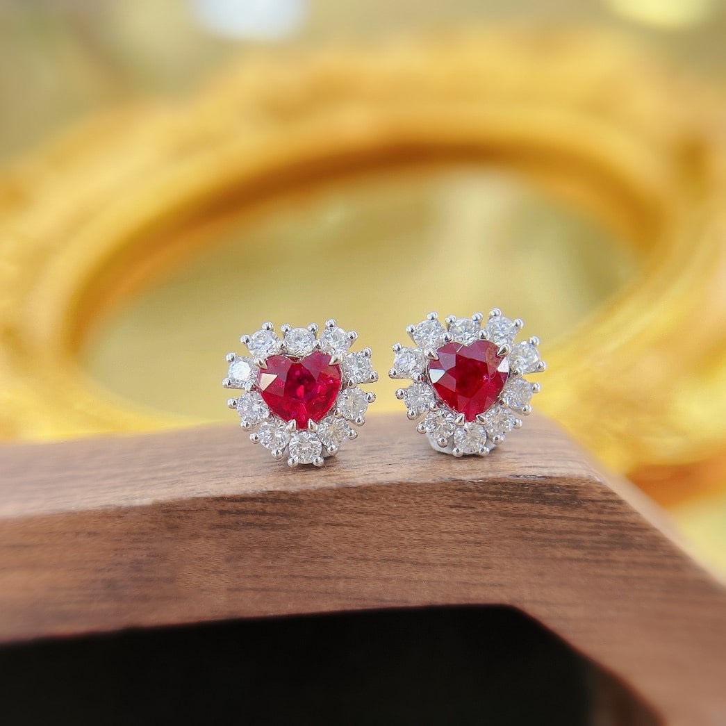 18k Gold 1.16 Ctw Vivid Red Natural Ruby & Diamond Earrings - 3