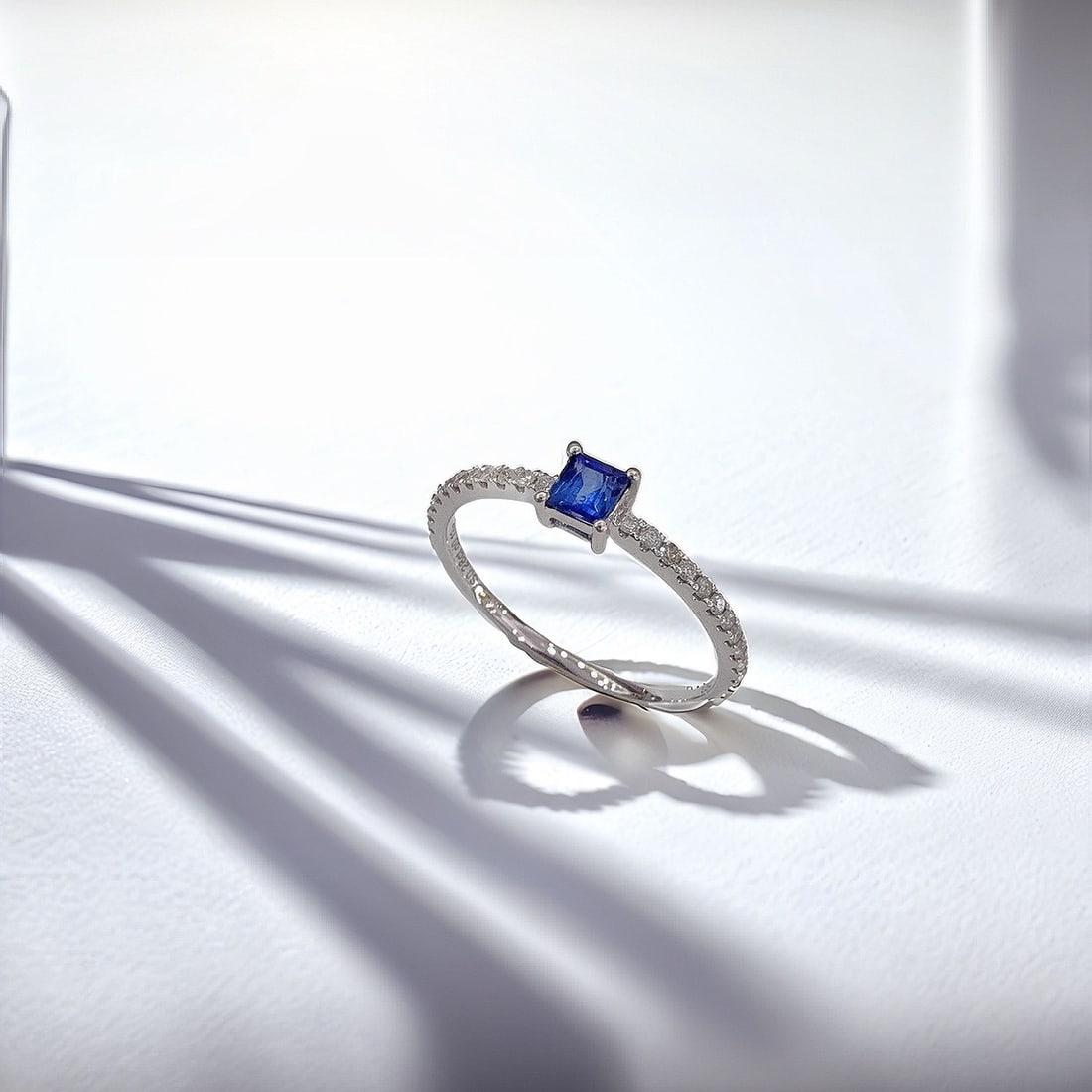 18k Gold 0.41 Ctw Natural Sapphire & Diamond Ring: Ref:231125092 // gold content:18k gold // ring size:8us // // main gemstone:sapphire // shape:princess // carat weight:0. 28ct // color:blue // treatment:natural // // adjacent gemstone 2 :