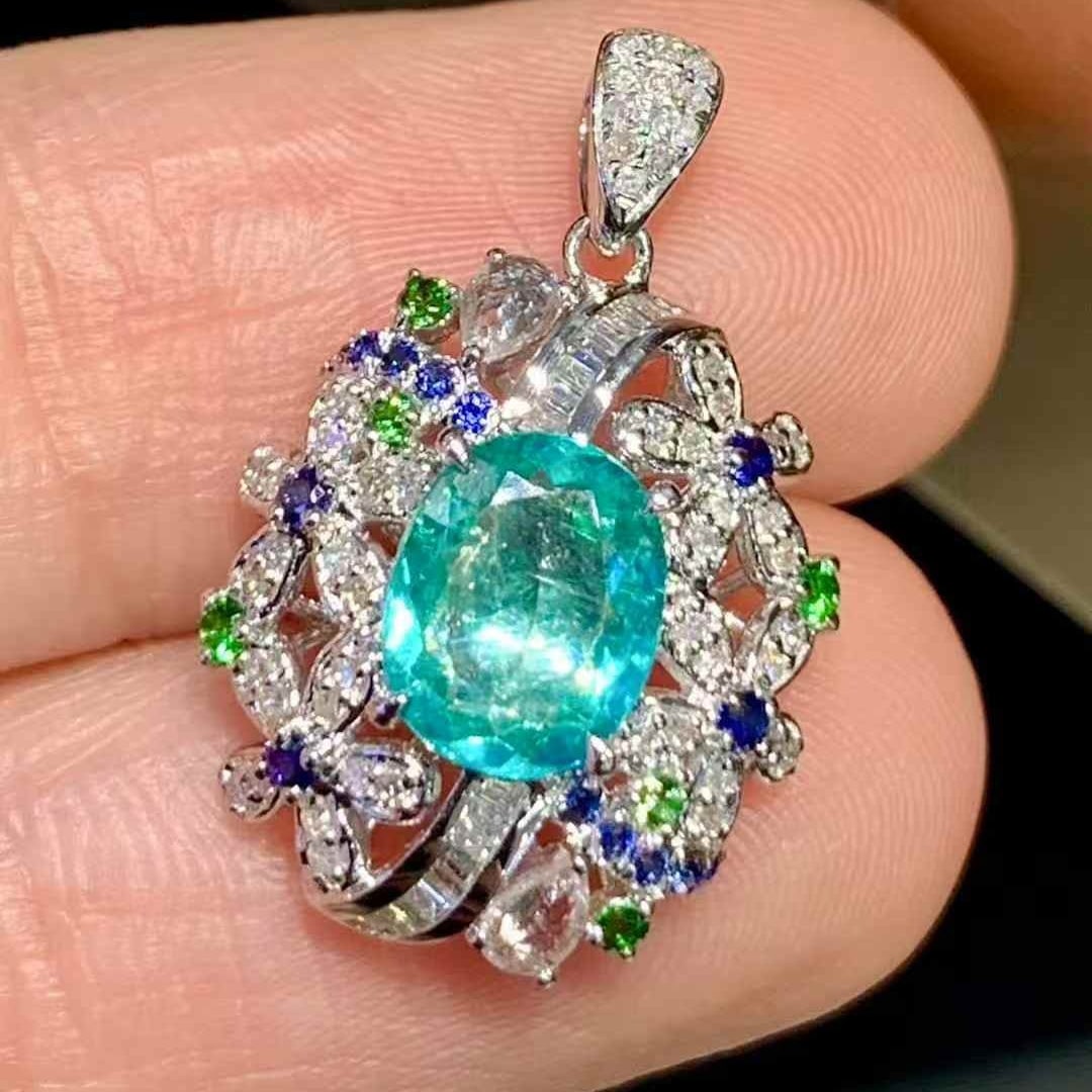 14k Gold 0.95 Ct Natural Paraiba Tourmaline & Diamond Pendant( Without Chain ) - 2