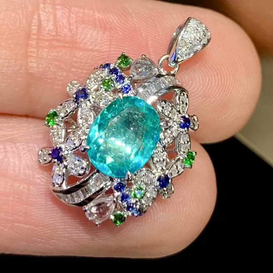 14k Gold 0.95 Ct Natural Paraiba Tourmaline & Diamond Pendant( Without Chain ) - 3