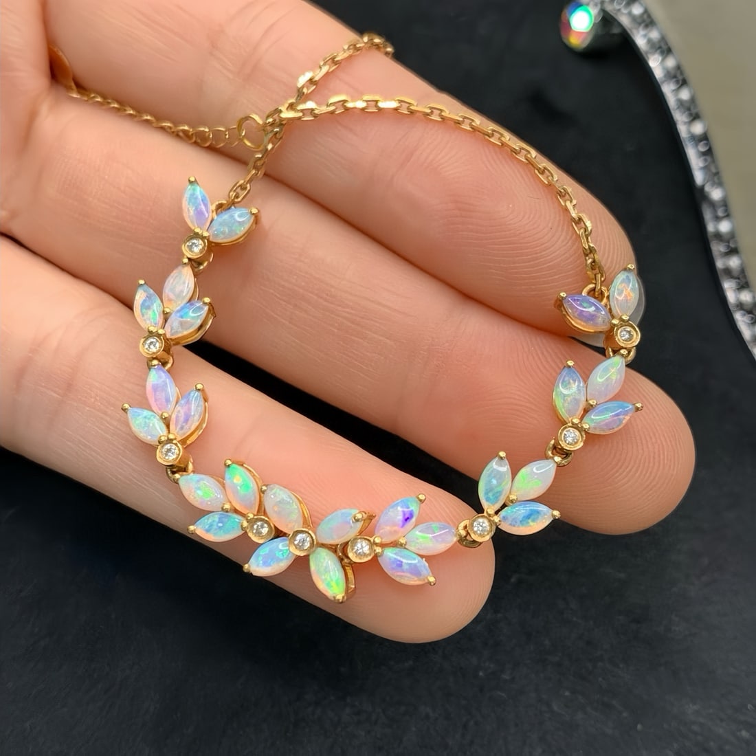 14k Gold 2.30 Ctw Natural Opal & Diamond Bracelet - 3