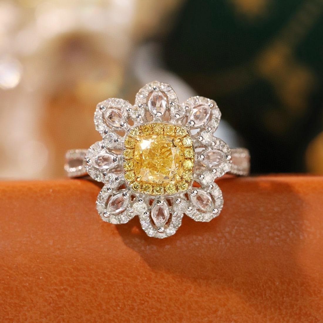 14k Gold 1.56 Ctw Natural Yellow Diamond & Diamond Ring: Ref:231125139 // gold content:14k gold // ring size:7. 25us // // main gemstone:yellow diamond // shape:cushion // carat weight:1. 01ct // color:yellow // treatment:natural // // adjacent gemstone