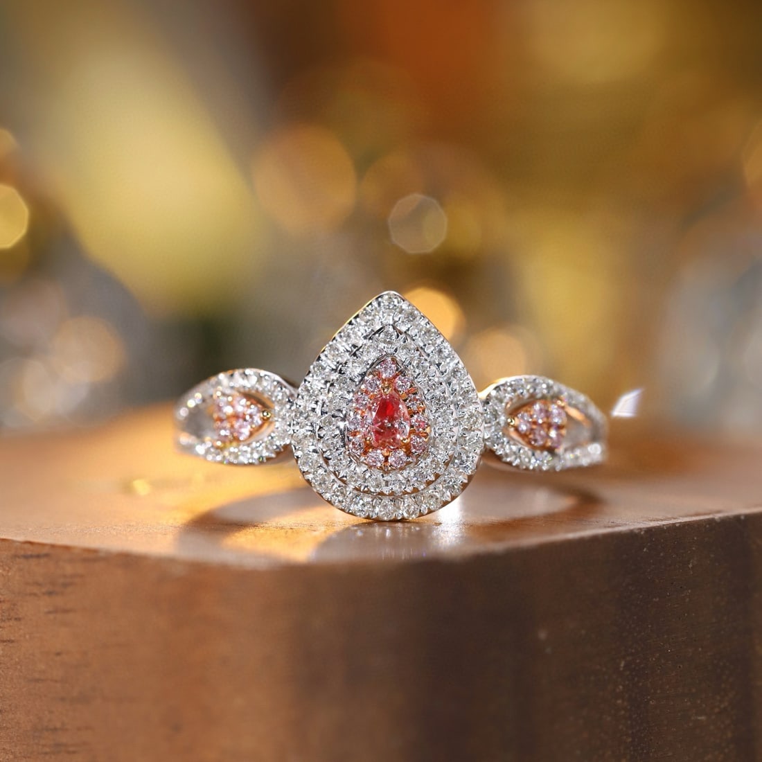 14k Gold 0.45 Ctw Natural Pink Diamond & Diamond Ring: Ref:231125145 // gold content:14k gold // ring size:7. 25us // // main gemstone:pink diamond // shape:pear // carat weight:0. 07ct // color:pink // treatment:natural // // adjacent gemstone 2 :