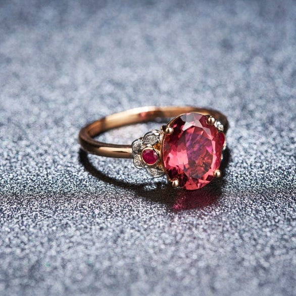 14k Gold 2.28 Ct Natural Tourmaline & Diamond & Ruby Ring - 4