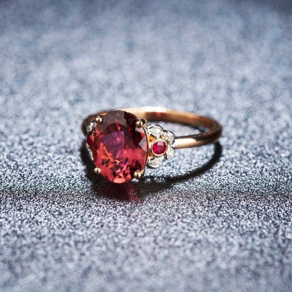 14k Gold 2.28 Ct Natural Tourmaline & Diamond & Ruby Ring - 5