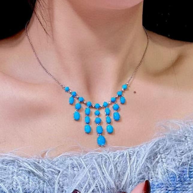 14k Gold 13.37 Ctw Natural Blue Turquoise & Diamond Necklace - 4