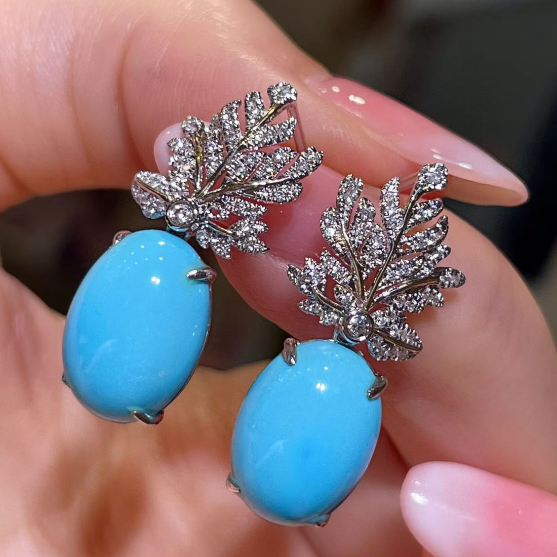 14k Gold 11.01 Ctw Natural Blue Turquoise & Diamond Earrings - 3