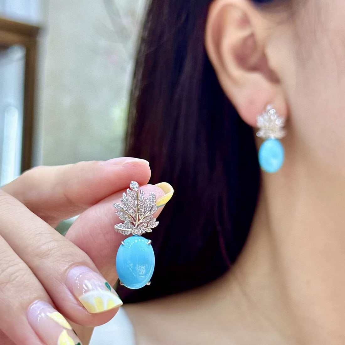 14k Gold 11.01 Ctw Natural Blue Turquoise & Diamond Earrings - 4