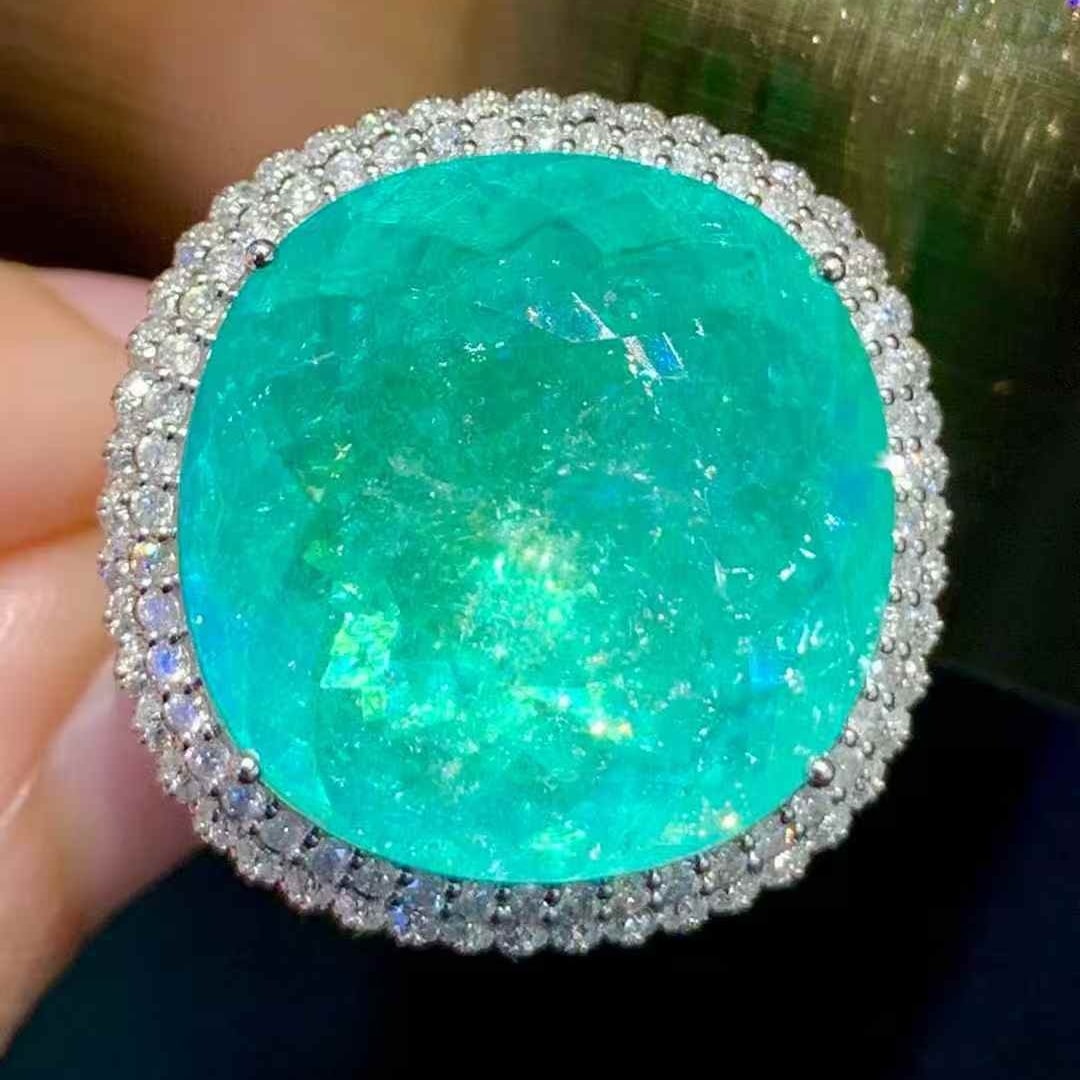 14k Gold 19.5 Ct Natural Paraiba Tourmaline & Diamond Ring - 2