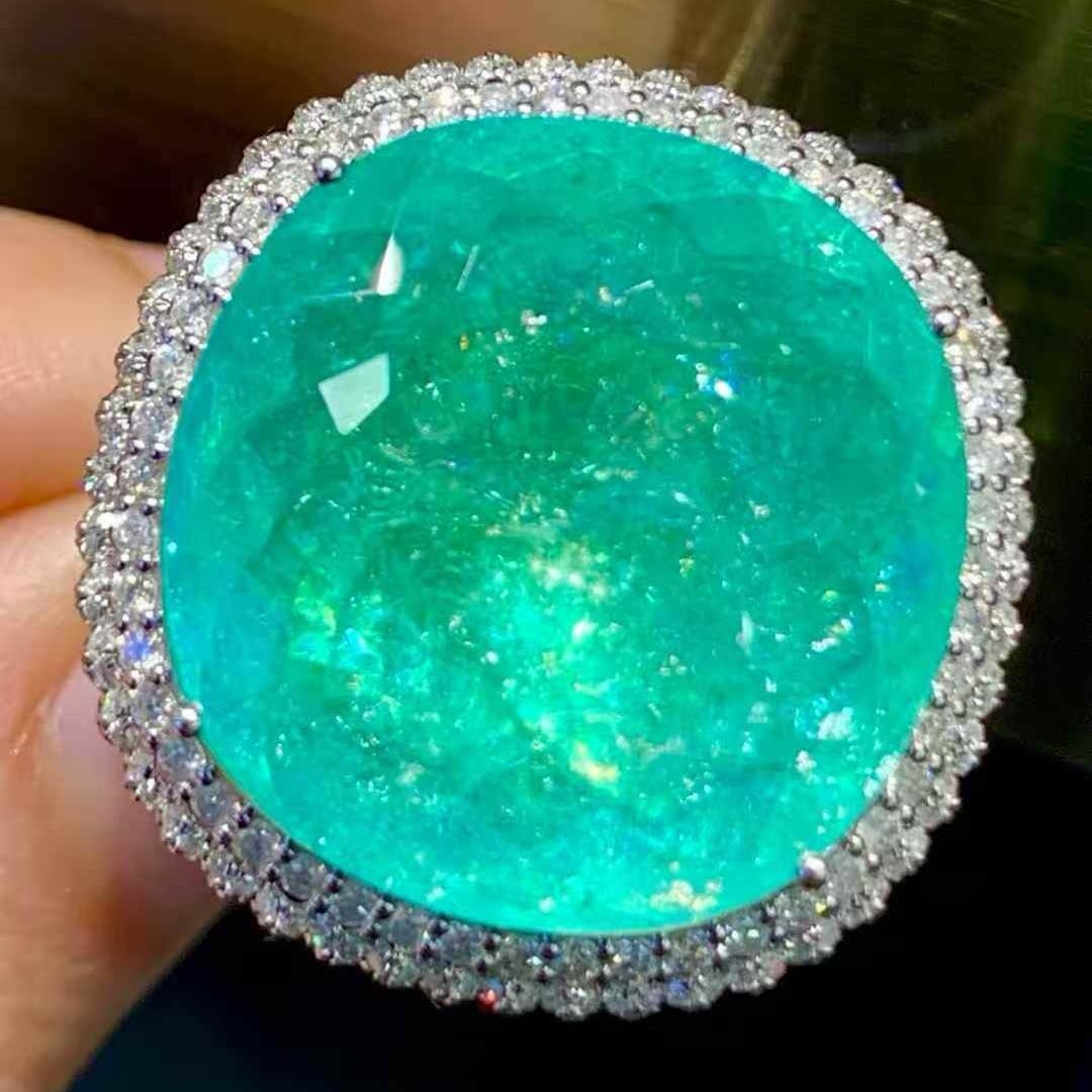 14k Gold 19.5 Ct Natural Paraiba Tourmaline & Diamond Ring - 4
