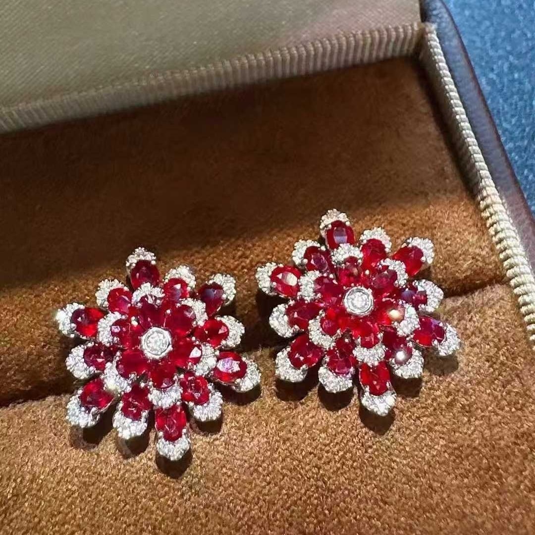 14k Gold 3.36 Ct Vivid Red Natural Ruby & Diamond Earrings - 4