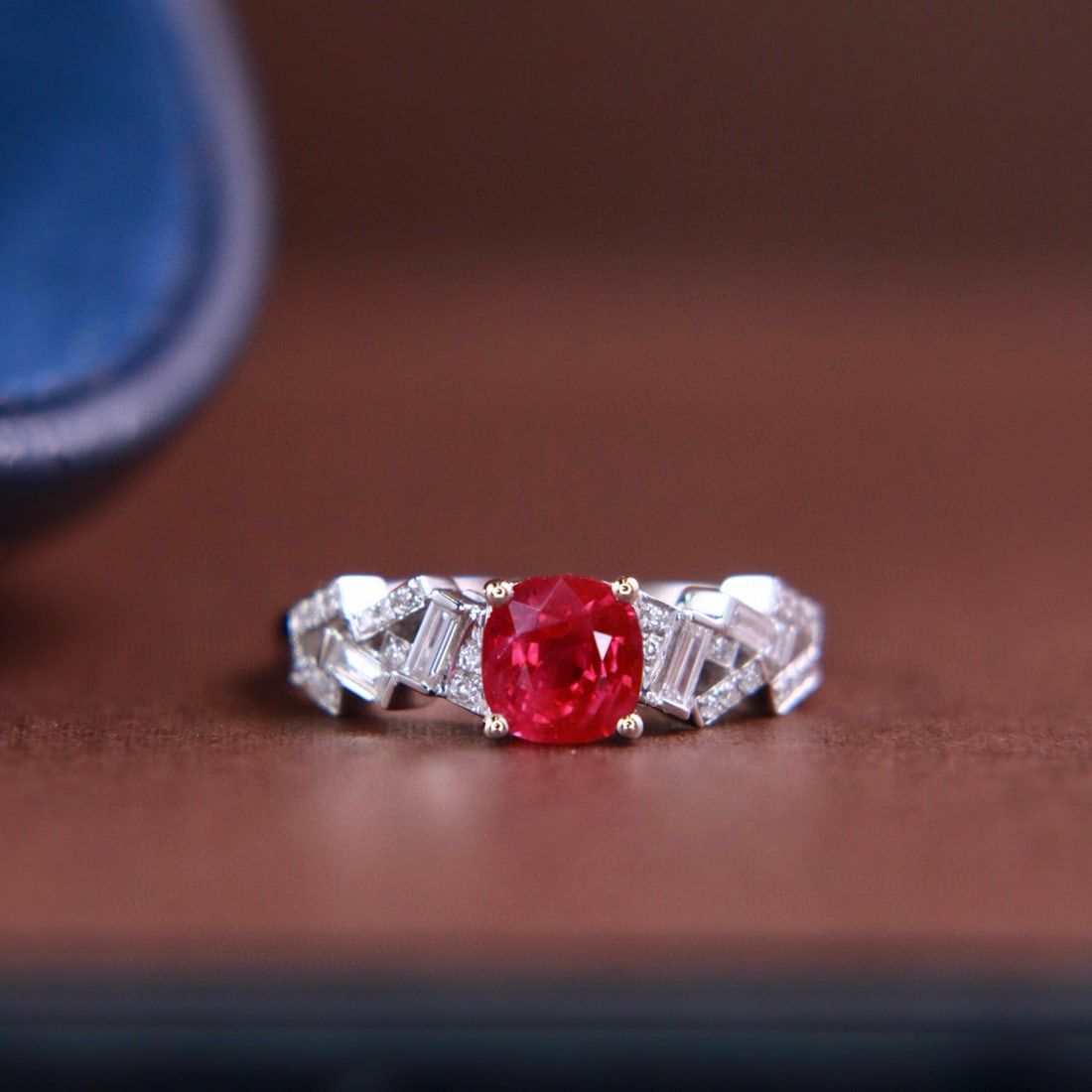 14k Gold 1.47 Ctw Natural Ruby & Diamond Ring: Ref:231125174 // gold content:14k gold // ring size:7. 25us // // main gemstone:ruby // shape:cushion // carat weight:1. 25ct // color:red // treatment:natural // // adjacent gemstone 2 : diamond // s